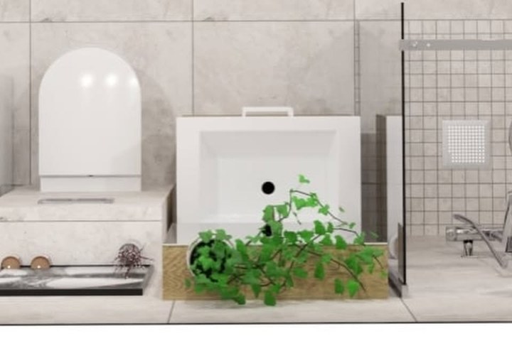3D-visualisering av bad med vegghengt toalett, servant og dusjsone