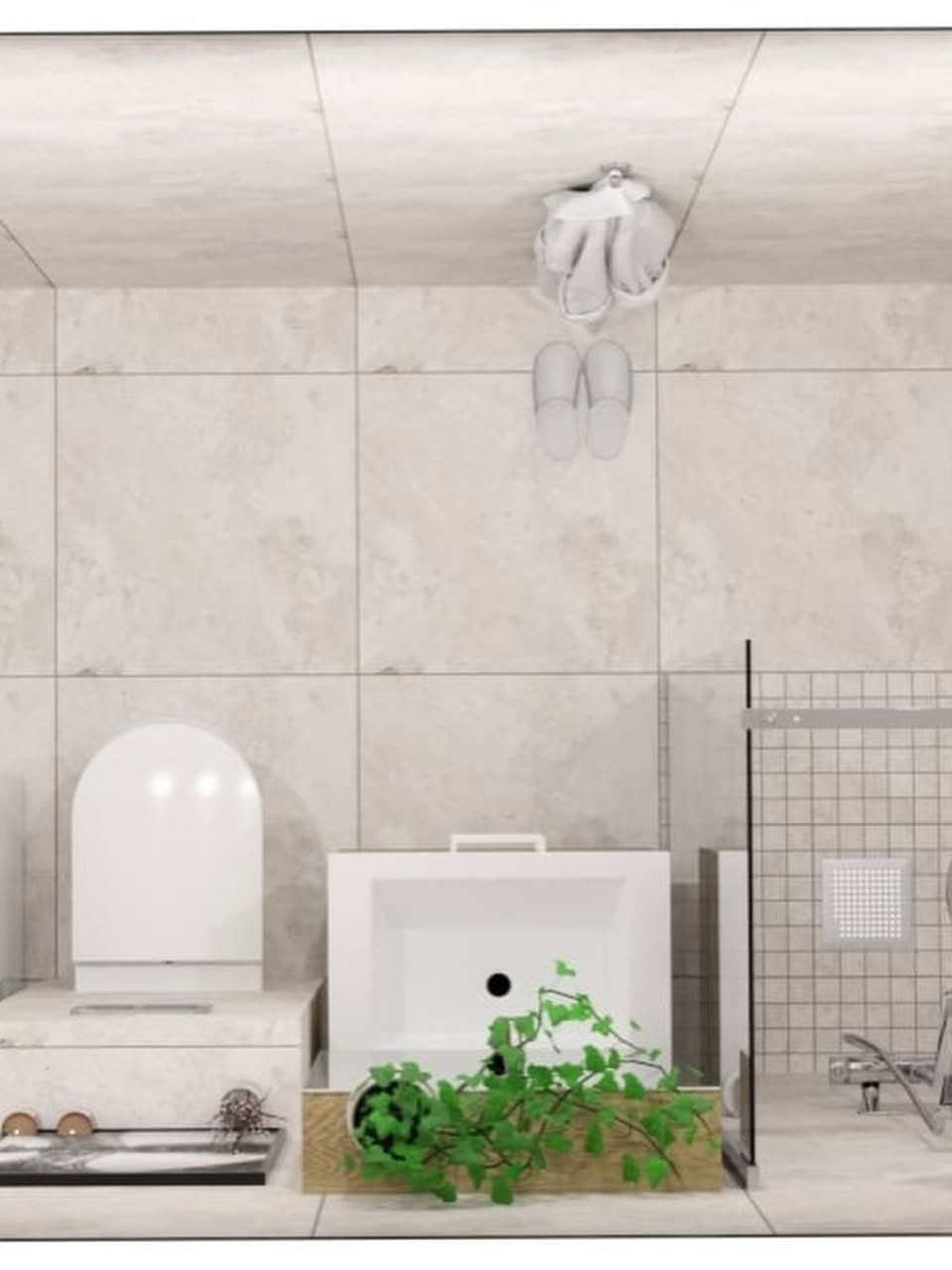 3D-visualisering av lite bad med servant, toalett og nisje i veggen